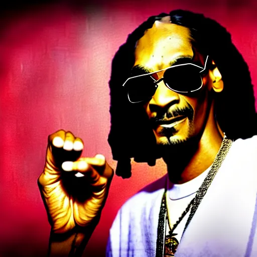 Image similar to Snoop Dog with big eyes eye color red , smiling and holding a joint in his hand