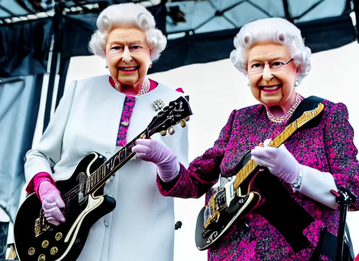 Image similar to photo still of queen elizabeth on stage at vans warped tour!!!!!!!! at age 7 0 years old 7 0 years of age!!!!!!! shredding a guitar on stage, 8 k, 8 5 mm f 1. 8, studio lighting, rim light, right side key light