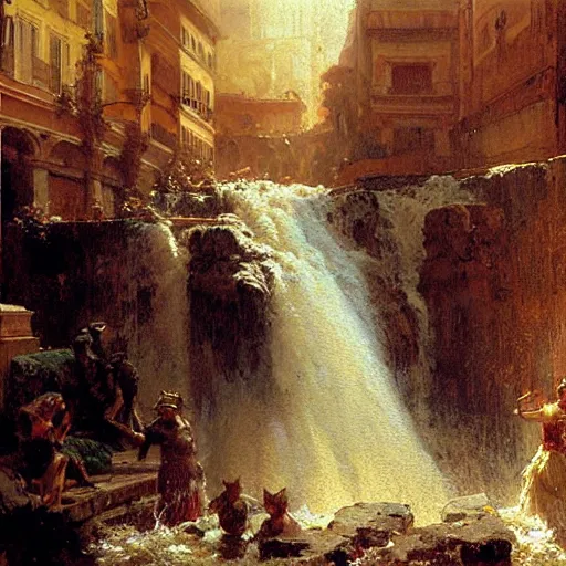 Image similar to waterfall flooding an entire city of rome. highly detailed painting by gaston bussiere, craig mullins, j. c. leyendecker