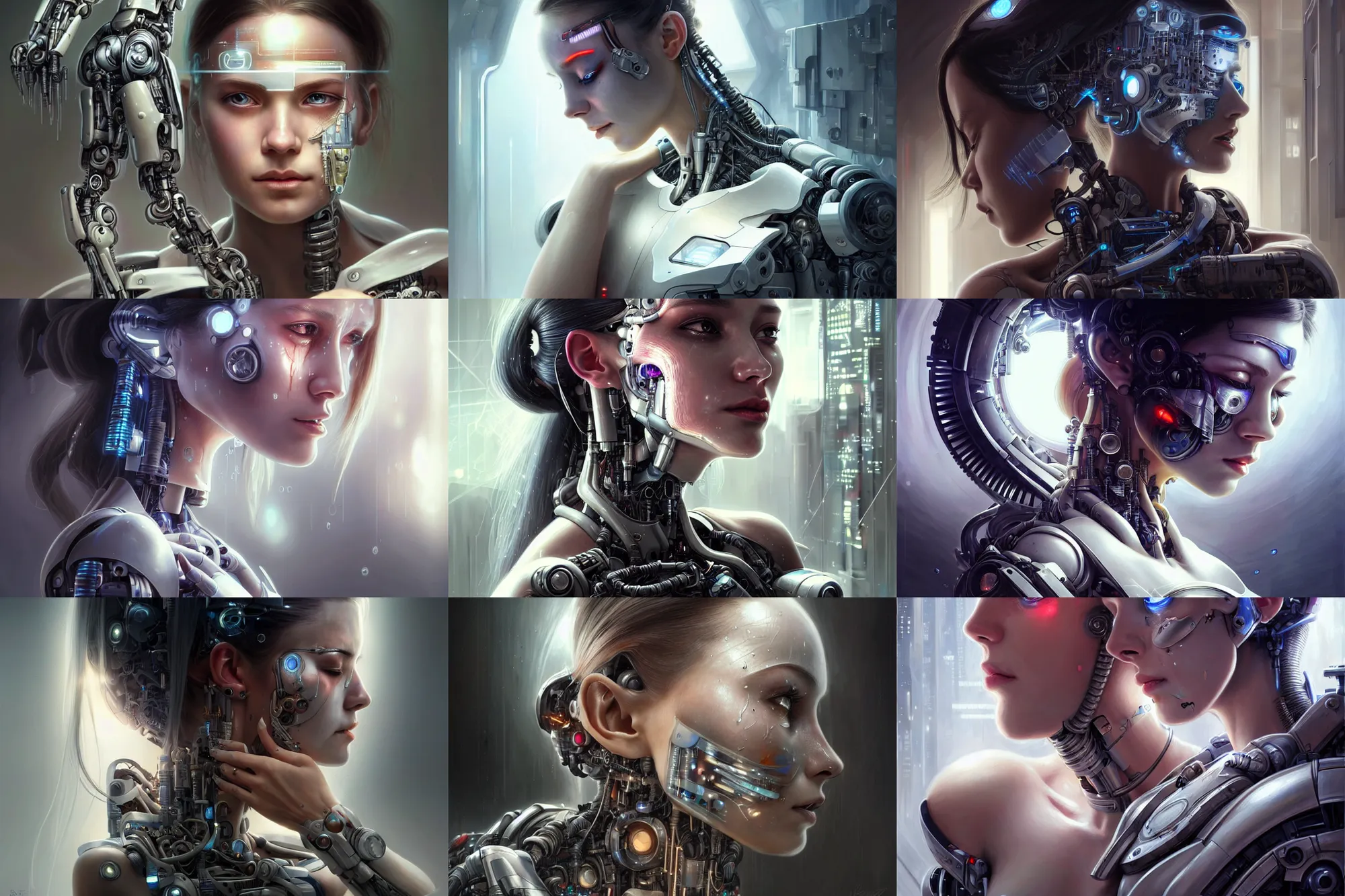 Prompt: Ultra realistic illustration, beautiful alluring damaged cyborg with tears streaming down her cheeks, being put back together in an super advanced military medical bay, cyberpunk, sci-fi, fantasy, intricate, elegant, highly detailed, digital painting, artstation, concept art, smooth, sharp focus, illustration, cinematic lighting, art by artgerm and greg rutkowski and alphonse mucha