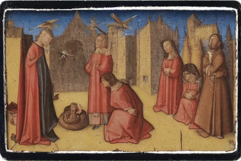 Image similar to polaroid photo of an medieval painting of an ufo