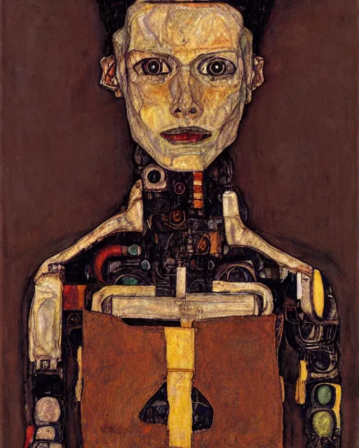 Image similar to portrait of a robot by egon schiele in the style of greg rutkowski