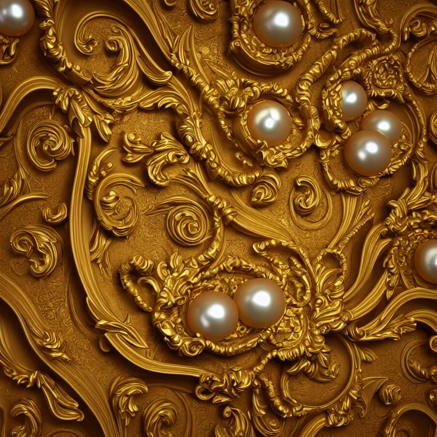 Prompt: subsurface scattering, seamless 3 d baroque gold pattern, beautiful dynamic shadows, gold and pearls, symmetrical, rococo elements, damask, artstation, versace pattern, concept design art, octane render, 8 k