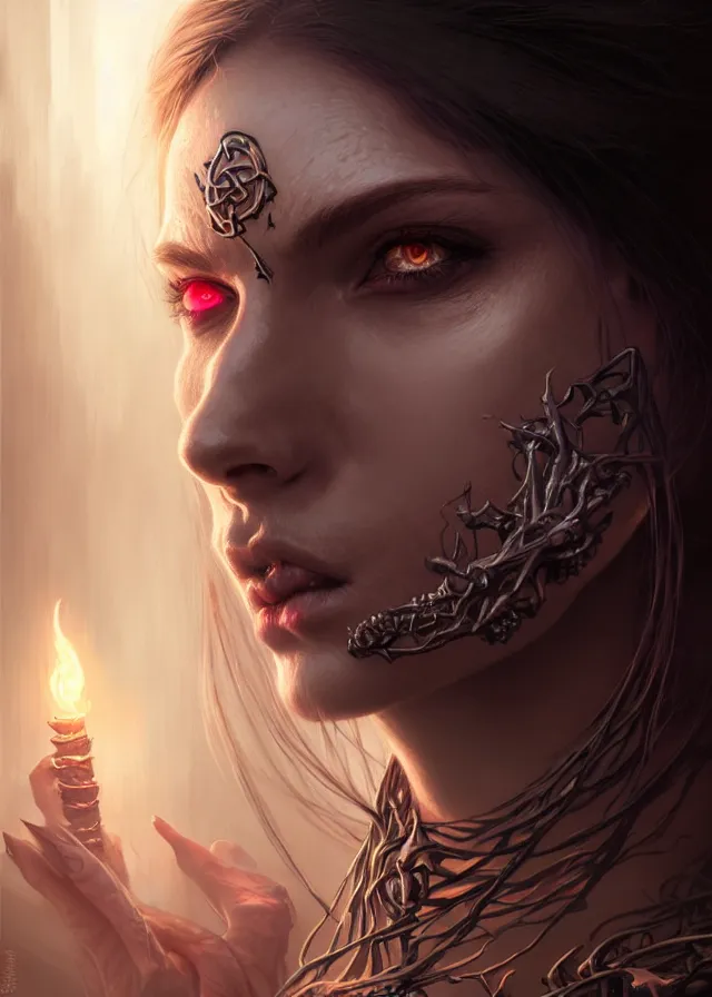 Image similar to Necromancer Sorceress face close-up macro in center, fantasy magic, undercut hairstyle, dark light night, intricate, elegant, sharp focus, illustration, highly detailed, digital painting, concept art, matte, art by WLOP and Artgerm and Greg Rutkowski and Alphonse Mucha, masterpiece