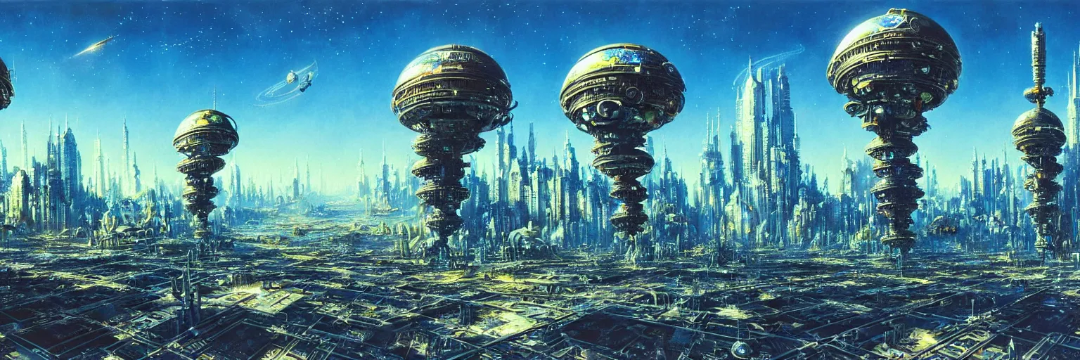 Image similar to ultra realist intricate detailed painting of an alien world with buildings, blue sky, very intricate details, bokeh focus, 8 k render, artstyle chris foss and john berkey, award winning