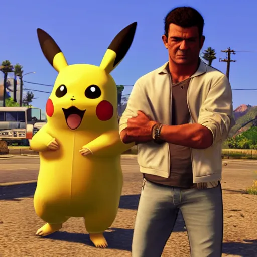 Image similar to pikachu and antonio banderas in gta 5 8 k resolution hyperdetailed photorealism