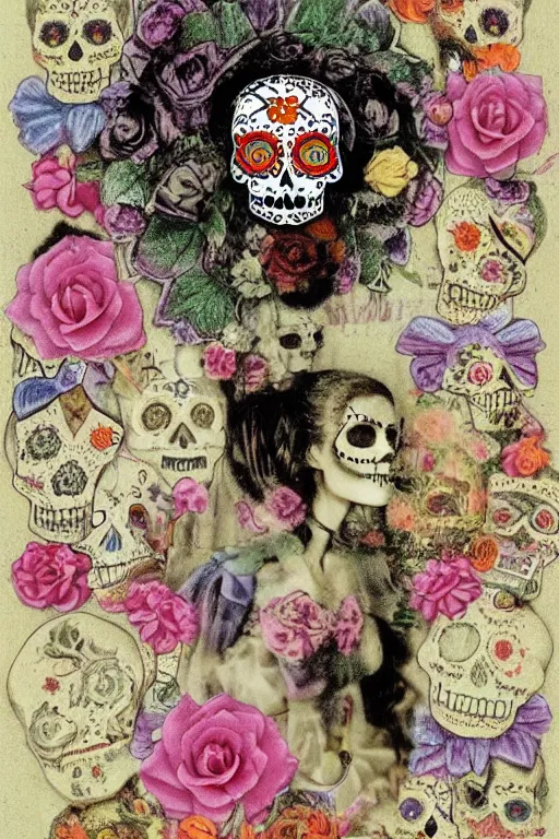 Prompt: Illustration of a sugar skull day of the dead girl, art by joseph cornell