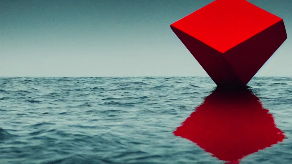 Prompt: ocean, red and black cube, reflection, illusion, deception of vision, reflex, strangeness,