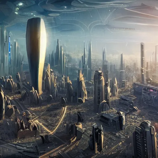 Prompt: The futuristic sci-fi city has tall brutalist architecture buildings, some giant spaceships are leaving the city, a gigantic asteroid is hitting the city, there is a big explotion, destroying the city, the background has a detailed heavenly and iridescent light, matte painting, concept art, dramatic lighting, golden hour, 4k, 8k, trending on Artstation, realistic