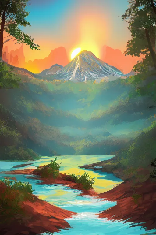 Image similar to sunrise mountain water vector illustration digital art by samuel smith trending on artstation