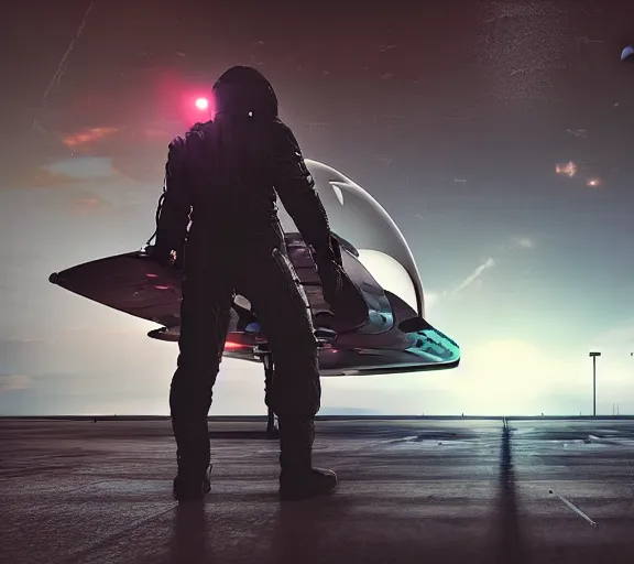 Image similar to fighter pilot stands beside futuristic sci fi fighter jet landed at runway of cyberpunk city, night photo ,dark cinematic lighting , digital concept art