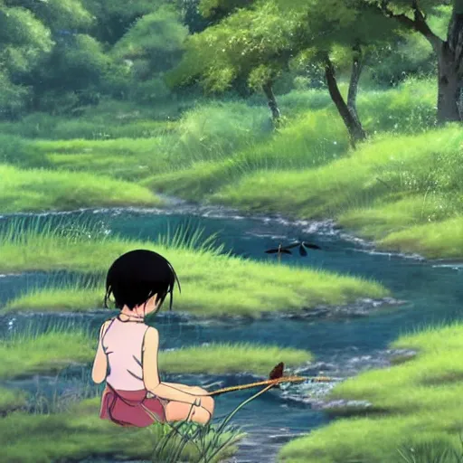 Prompt: a young black-haired child crouches near a stream to hunt for tadpoles. she clutches a twig in her hand. the reeds and wild grasses of the water's edge gently sway in the breeze as dragonflies dance and dart above. nostalgic feeling. warm, happy memories. wonderful world. fresh morning scene. Beautiful anime by studio ghibli.