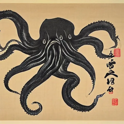 Prompt: cthulhu by qi baishi, chinese traditional painting