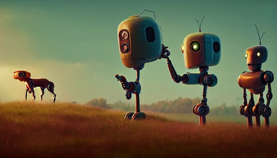 Image similar to tall cute robot with his best dog friend, by Simon Stalenhag, unreal engine, octane render, 8k, rule of thirds