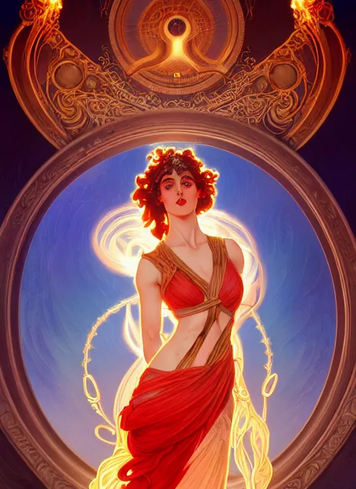 Image similar to the greek goddess hestia with hair made of fire, steampunk, glowing eyes, beautiful eyes, volumetric lights, red and cyan theme, art nouveau botanicals, intricate, highly detailed, digital painting, artstation, concept art, smooth, sharp focus, cinematic, illustration, beautiful face, art by artgerm and greg rutkowski and alphonse mucha