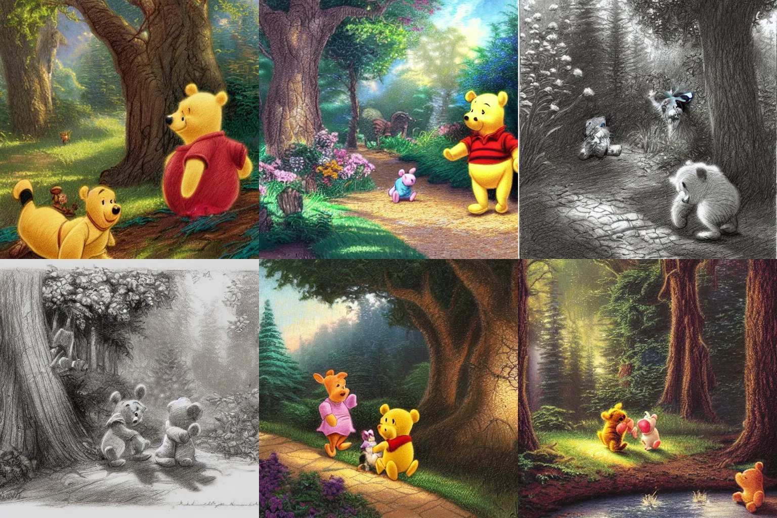 Prompt: thomas kinkade drawing of winnie the pooh and piglet in the woods