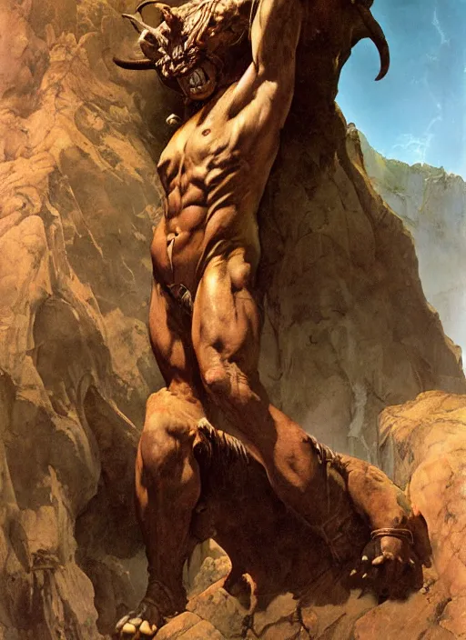 Image similar to full body portrait of a huge, miserable minotaur sitting in a cave, by boris vallejo and jesper ejsing and simon bisley and greg manchess and zdzislaw beksinski and norman rockwell