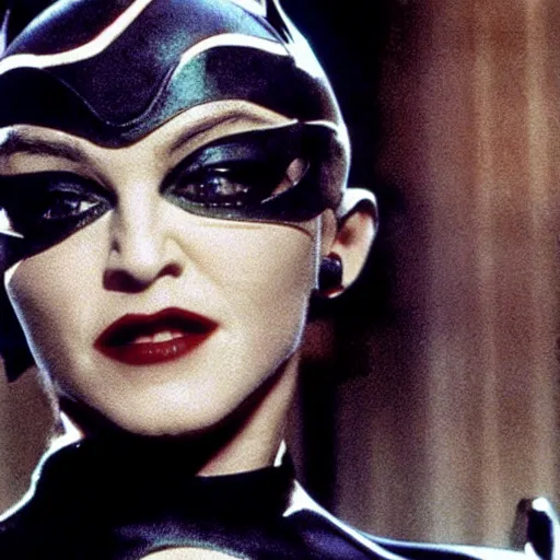 Prompt: A still of Madonna as Catwoman from Batman Returns. Extremely detailed. Beautiful. 4K. Award winning.