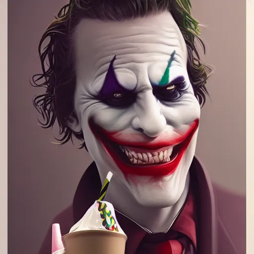 Image similar to Joker drinking a chocolate milkshake, hyperdetailed, artstation, cgsociety, 8k