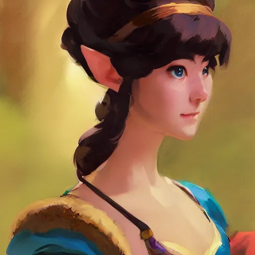 Image similar to greg manchess portrait of zelda as disney character, matte painting, bold shapes, hard edges, by huang guangjian, gil elvgren, sachin teng. in a beautiful landscape full of emotions, cgsociety masterpiece, artstation trending, by rossdraws, ghibli, kimi no na wa, greg rutkowski, simon stalberg, greg manchess