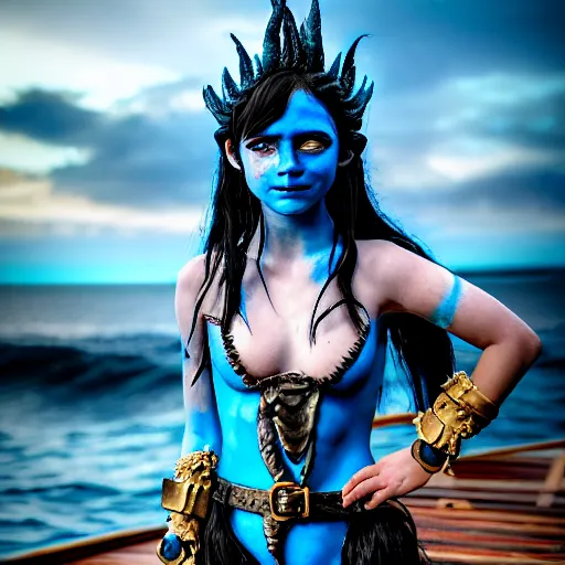 Prompt: a dnd Triton girl with blue skin and messy black hair wearing an elaborate costume made out of seashells sitting on the deck of a ship and holding an apple, a little blue-skinned girl with messy black hair sharp pointed ears freckles along the ridges of her cheeks, dnd triton, high resolution film still, 4k, HDR colors