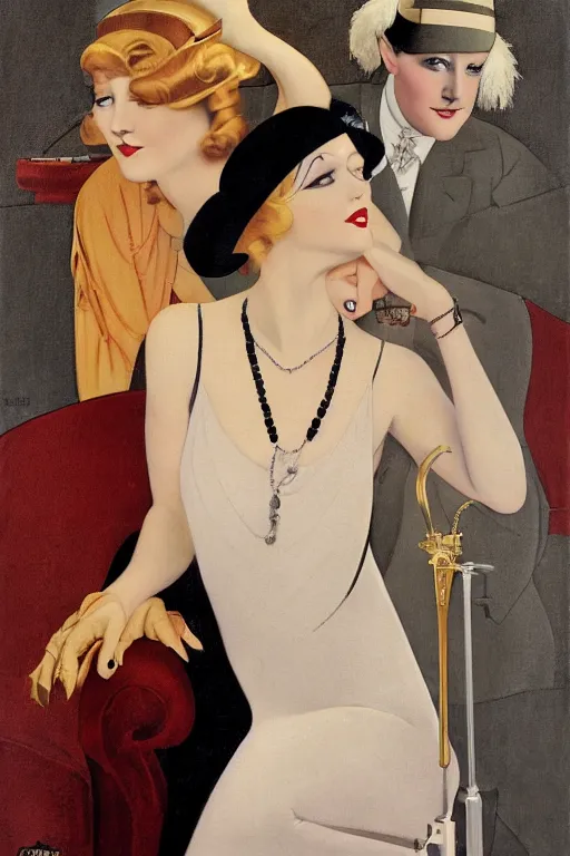 Image similar to a painting depicting Jazz Age high society people, 1920s style, smooth, highly detailed, high contrast, Coles Phillips, Dean Cornwell, JC Leyendecker, 8K