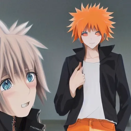 Prompt: orange - haired anime boy, 1 7 - year - old anime boy with wild spiky hair, standing next to 1 7 - year - old pale - skinned persian girl with black hair long bob cut, long bangs, black gothic jacket, ultra - realistic, sharp details, subsurface scattering, blue sunshine, intricate details, hd anime, 2 0 1 9 anime