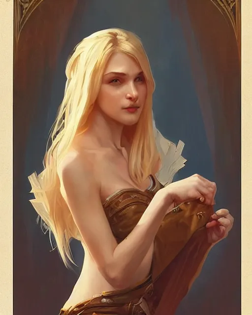 Image similar to '' Portrait of Beautiful blonde Slavic woman in her early 30’s, league of legends, LOL, fantasy, d&d, digital painting, artstation, concept art, sharp focus, illustration, art by greg rutkowski and alphonse mucha ''