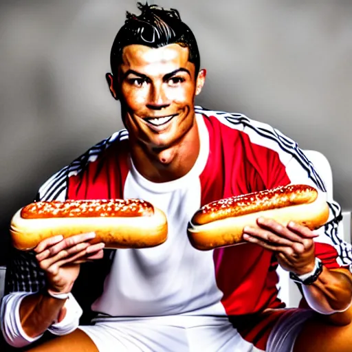 Image similar to a promo portrait of cristiano ronaldo in a sofa, holding a plate of hot dogs to the camera,