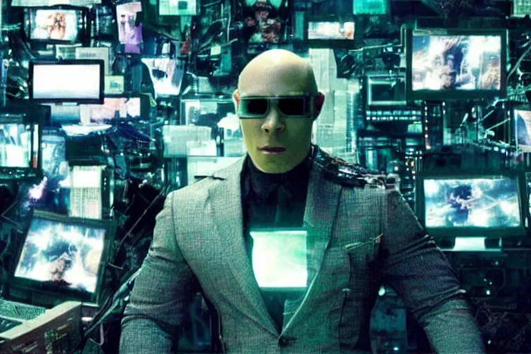 Image similar to cyborg - pitbull, surrounded by screens, in 2 0 5 5, y 2 k cybercore, industrial low - light photography, still from a kiyoshi kurosawa movie