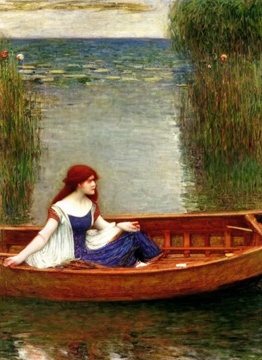 Image similar to lady of shallot as ophelia in a boat by john william waterhouse, rosetti, monet, william holman hunt, 8 k