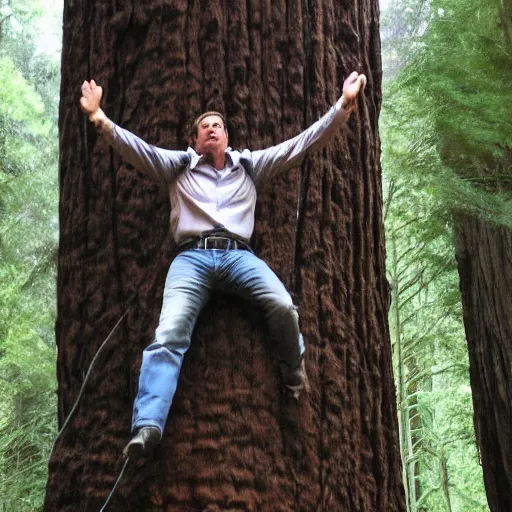 Prompt: steve carrell climbing a giant redwood tree with his claws