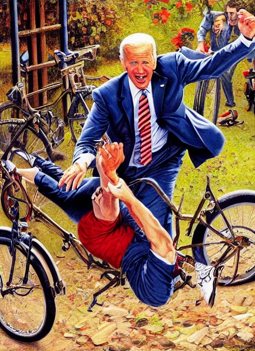 Prompt: joe biden falling on the ground from a bicycle, pulp art oil painting by mort kunstler and wilson mclean, intricate, hyper detailed, 4 k, hd, award winning, photorealistic