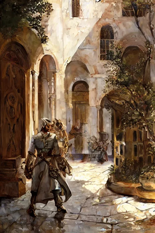 Image similar to an biomechanical palace guard walking through the byzantine courtyard by anders zorn, wonderful, masterpiece by greg rutkowski, beautiful cinematic light, by greg manchess, jessica rossier