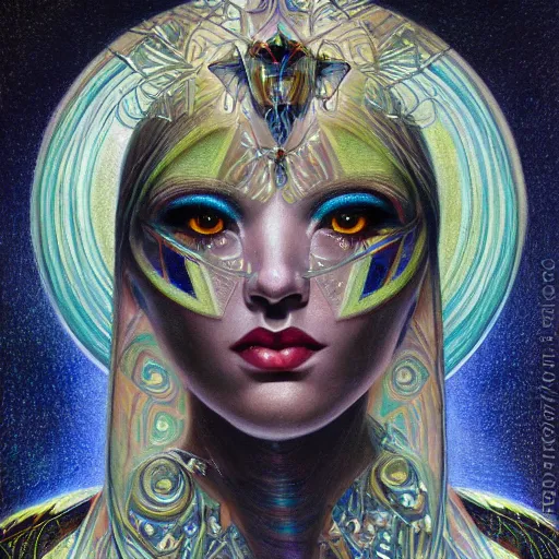 Image similar to beautiful closeup portrait of an art deco fairy queen, glowing eyes. reflective detailed textures, moth wings, highly detailed dark fantasy science fiction painting by donato giancola and diego rivera, elaborate geometric ornament, ancient runes, silver and cool colors. artstation