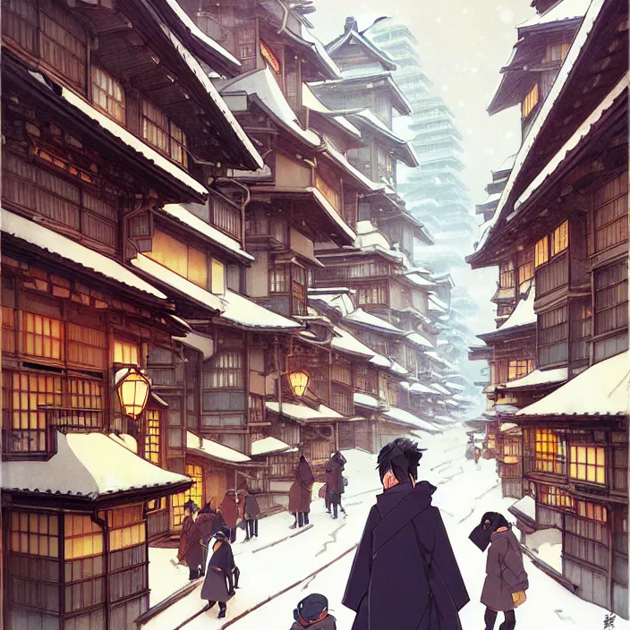 Image similar to japanese big city, winter, in the style of studio ghibli, j. c. leyendecker, greg rutkowski, artem