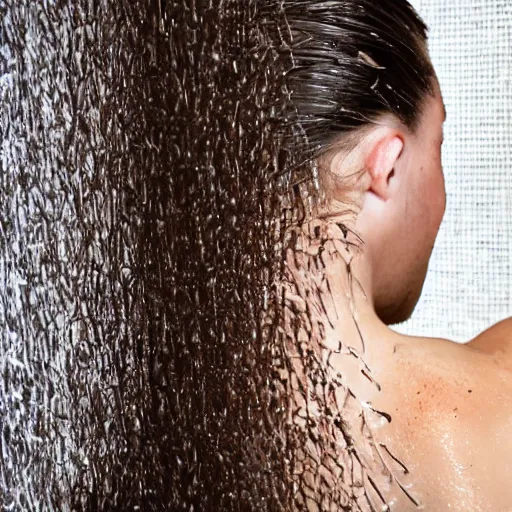 Prompt: mess of hair on shower wall. tangled strands of hair. tangled pieces of human hair.