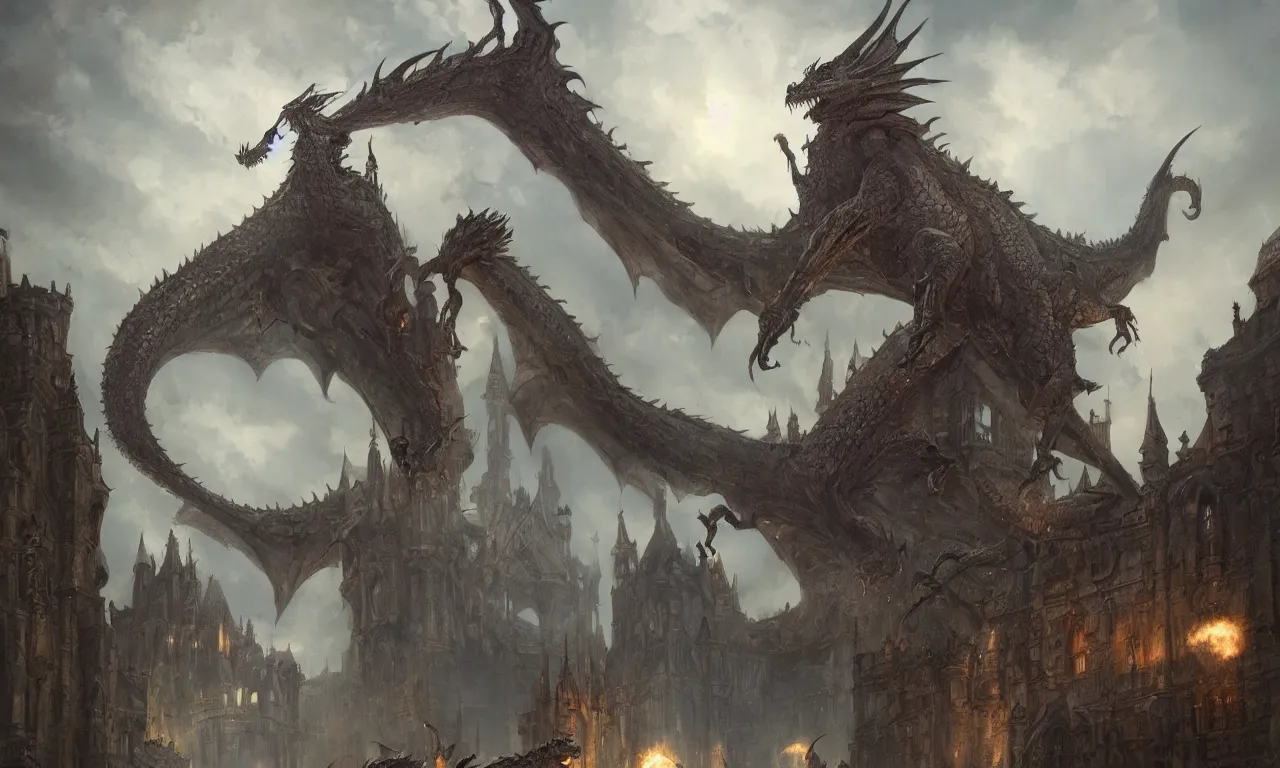 Image similar to dragon infront of a castle, illustration painting, oil on canvas, intricate, detailed illustration, hd, digital art, overdetailed art, concept art, detailed, illustration painting by greg rutkowski, digital art, overdetailed art, concept art,