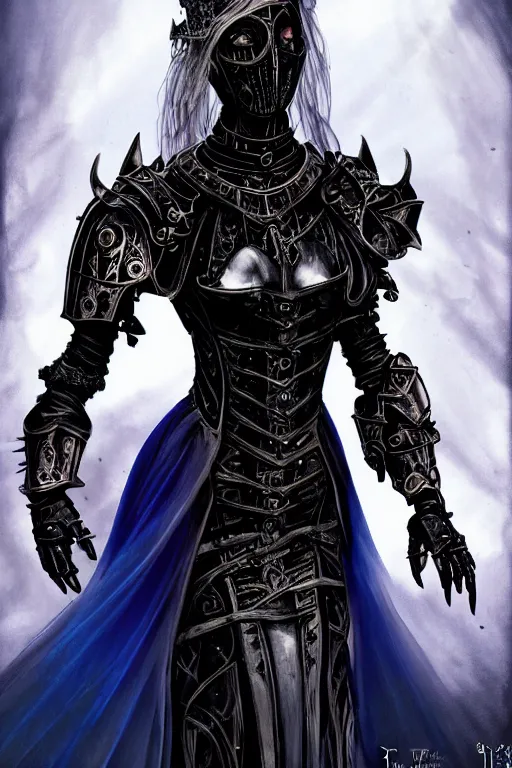 Image similar to beautiful gothic and victorian and evil and dieselpunk medieval female blue armor knight portrait, like lisa blackpink+smoky eyes+light flowing hair, ultradetail face, ruined gothic cathedral, art and illustration by tian zi and craig mullins and WLOP and alphonse mucha, ssci-fi, fantasy, intricate complexity, human structure, fantasy world concept, watermark, blurry, hyperrealism 8k