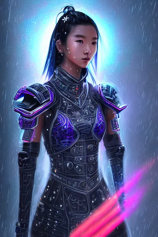 Prompt: portrait futuristic wuxia armor heroine Girl with thunder and fire sparkles and starlight, sword dance in future cyberpunk tokyo heavy rainning rooftop , ssci-fi, fantasy, intricate, very very beautiful, elegant, human structure, neon light, highly detailed, digital painting, artstation, concept art, smooth, sharp focus, illustration, art by tian zi and WLOP and alphonse mucha