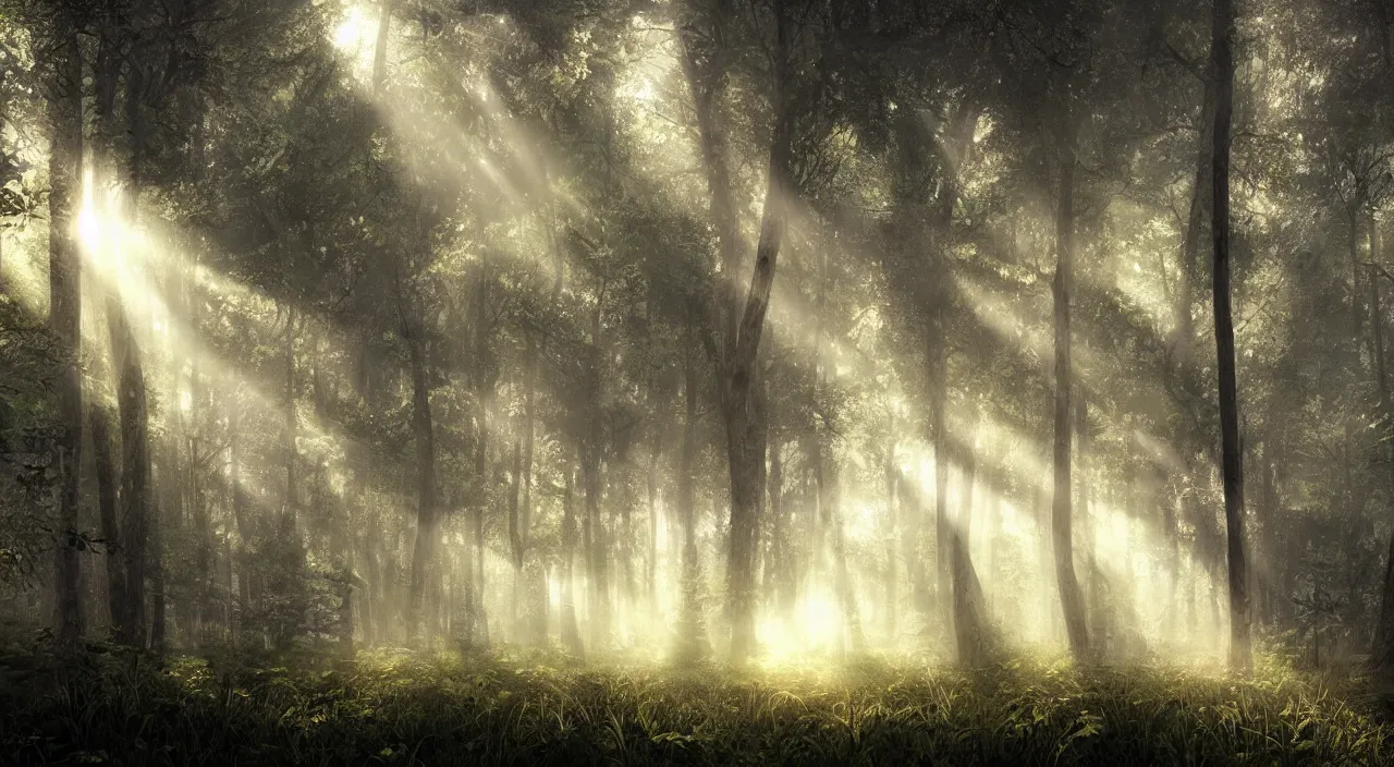 Image similar to forest mist sun beams mysterious scary deep dark hyper realistic detailed digital art octane render