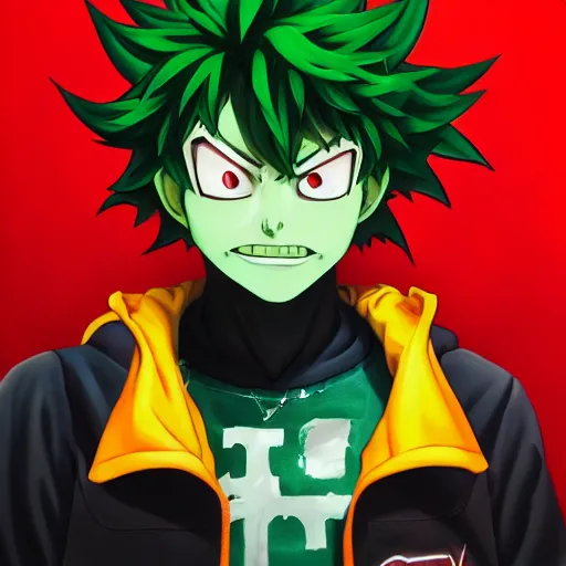 Image similar to an oil painting of a izuku midoriya wearing a hip - hop halloween costume of the devil, by artgerm, hd, hdr, ue 5, ue 6, unreal engine 5, realistic anime 3 d style, cinematic 4 k wallpaper, 8 k, ultra detailed, gta cover art, high resolution, artstation, award winning