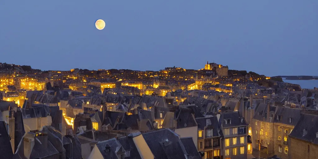 Prompt: view of saint - malo roofs towards the sea at night lit by the full moon, cinematic, anamorphic lens,