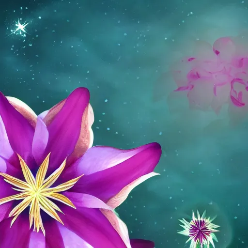 Image similar to clematis theme logo, clematis theme banner, clematis design, clematis in the deep sea, clematis like stars in the sky, trending on artstation, warm light, lovely and cute, fantasy art, 8 k resolution