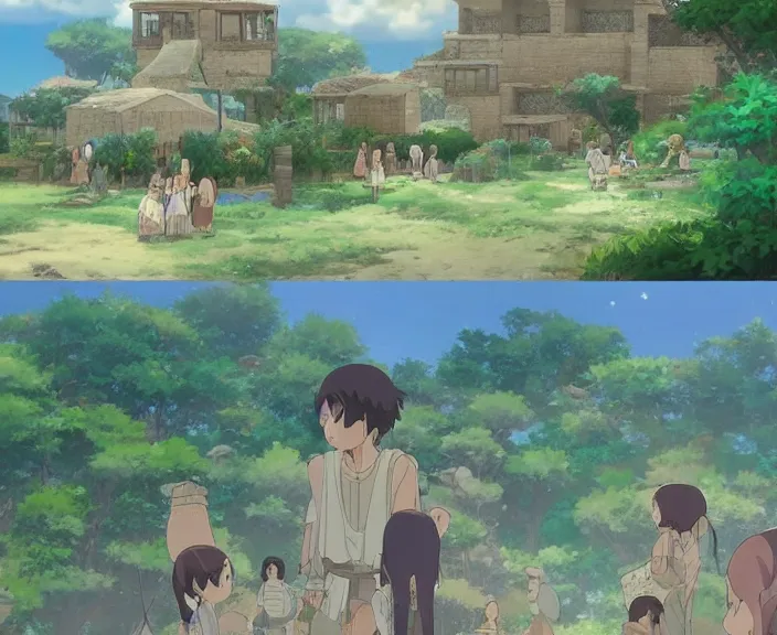 Prompt: A Mesopotamian village on the coast, peaceful and serene, incredible perspective, soft lighting, anime scenery by Makoto Shinkai and studio ghibli, very detailed