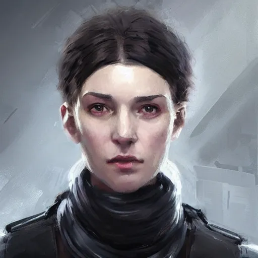 Image similar to Portrait of a woman by Greg Rutkowski, she is about 20 years old, round face, mixture between german and russian, black bob hair, attractive, determined but resentful look, she is wearing futuristic military fatigues with a black scarf, highly detailed portrait, scifi, digital painting, artstation, concept art, smooth, sharp foccus ilustration, Artstation HQ.