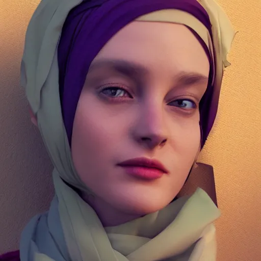 Image similar to a woman wearing a head piece and a scarf, concept art by abdullah gerguri, cgsociety contest winner, serial art, daz 3 d, artstation hd, physically based rendering