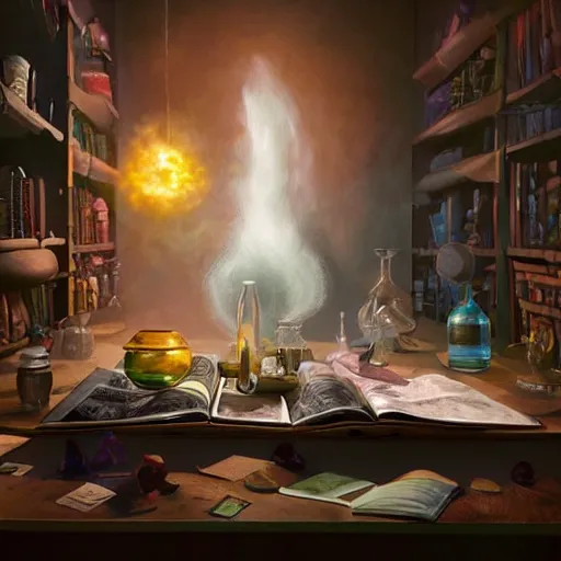Prompt: hyper real, table, wizards laboratory, lisa parker, greg rutkowski, mortar, pestle, scales with magic powder, energy flowing, magic book, beakers of colored liquid, tony sart