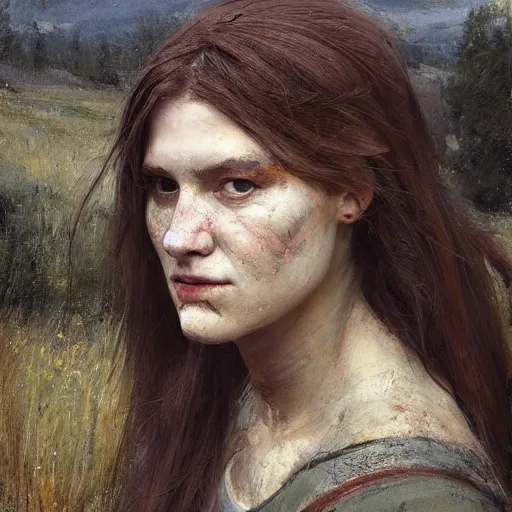 Image similar to Richard Schmid and Jeremy Lipking full length head and body portrait painting of A shield-maiden (Old Norse: skjoldmø [ˈskjɑldˌmɛːz̠]) was a female warrior from Scandinavian folklore and mythology. Shield-maidens are often mentioned in sagas such as Hervarar saga ok Heiðreks and in Gesta Danorum. They also appear in stories of other Germanic peoples: Goths, Cimbri, and Marcomanni.[1] The mythical Valkyries may have been based on such shield-maidens. She carries a shield on one arm, and a spear in her other hand