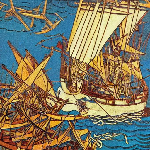 Prompt: a very chaotic naval battle, pirate and medieval ship, colored woodcut, poster art, by Mackintosh, art noveau, by Ernst Haeckel, by Tamara de Lempicka